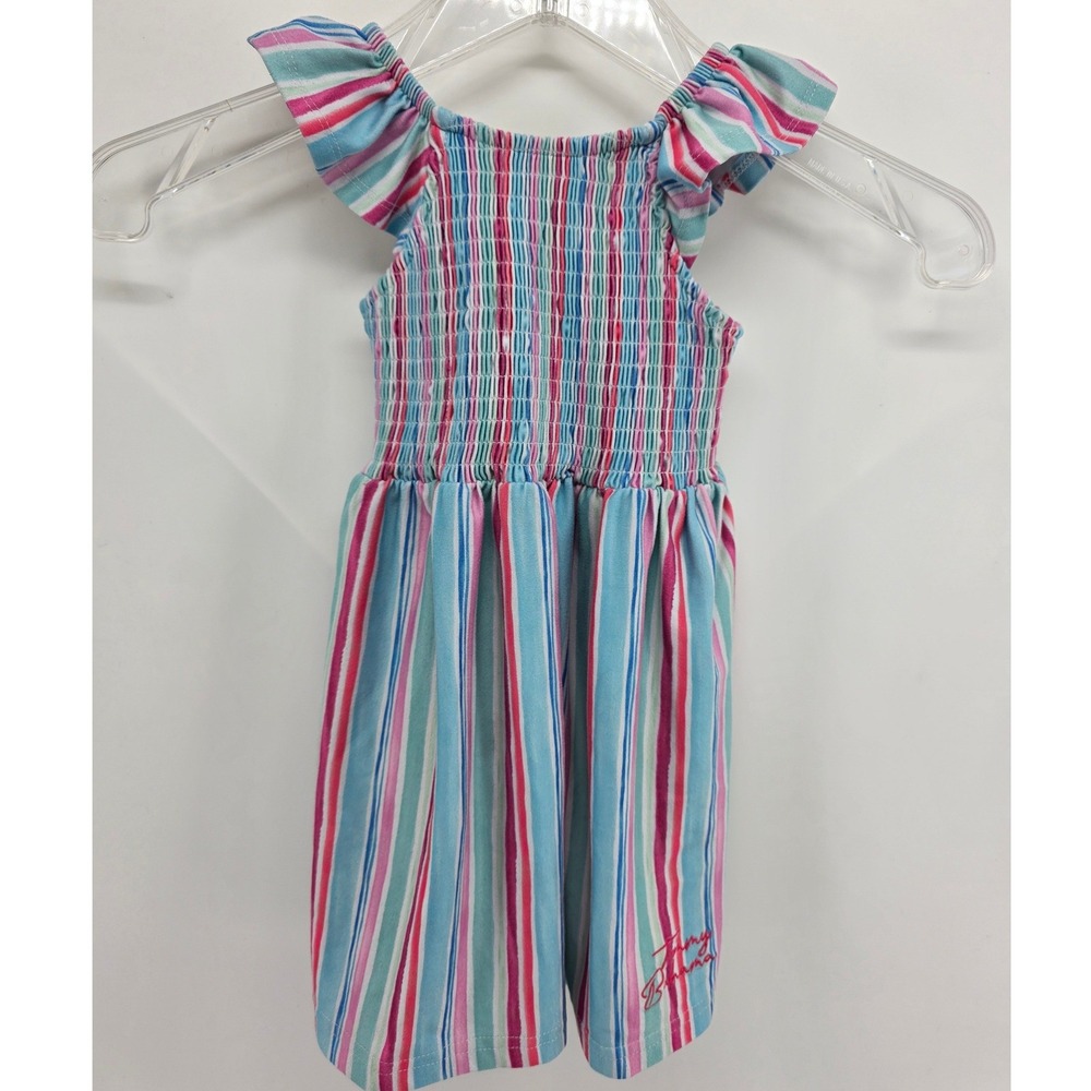 Tommy Bahama Girls 2T Blue Pink Striped Smocked Ruffle Sleeve Dress 1664790